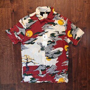 NWT Mens M Denim & Flower Ricky Singh Button Up Shirt Red Multi Sunset Cranes